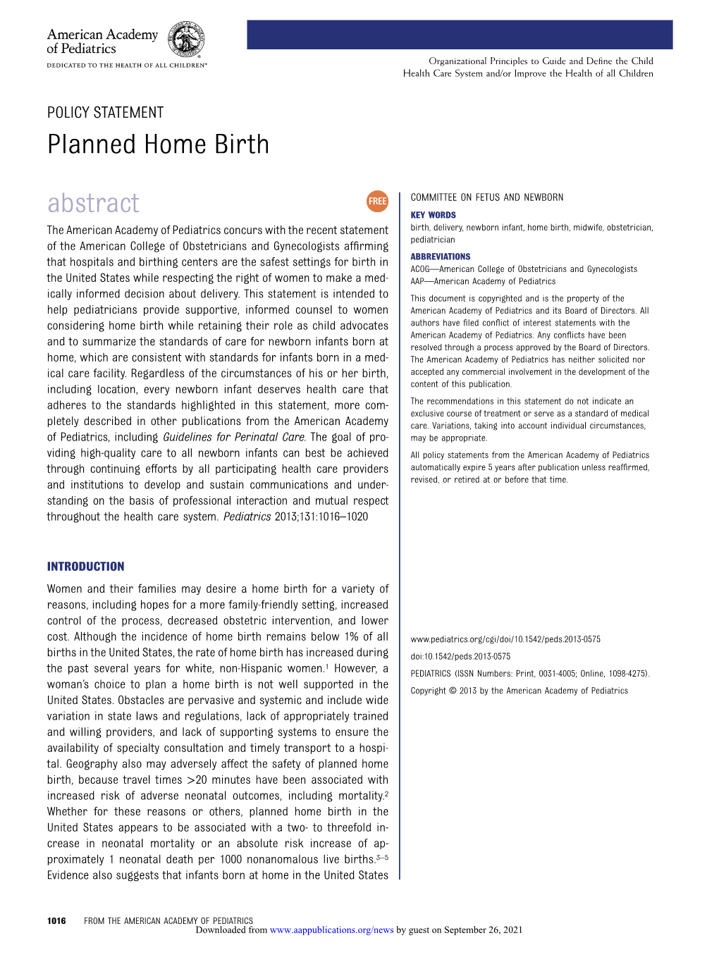 Planned Home Birth Abstract