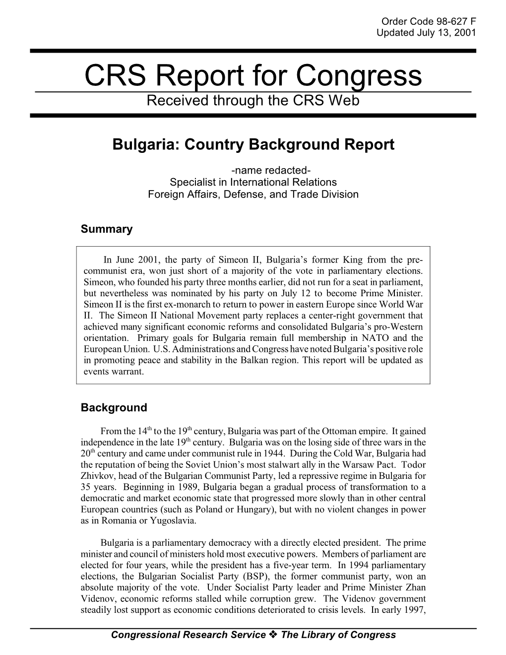 Bulgaria: Country Background Report