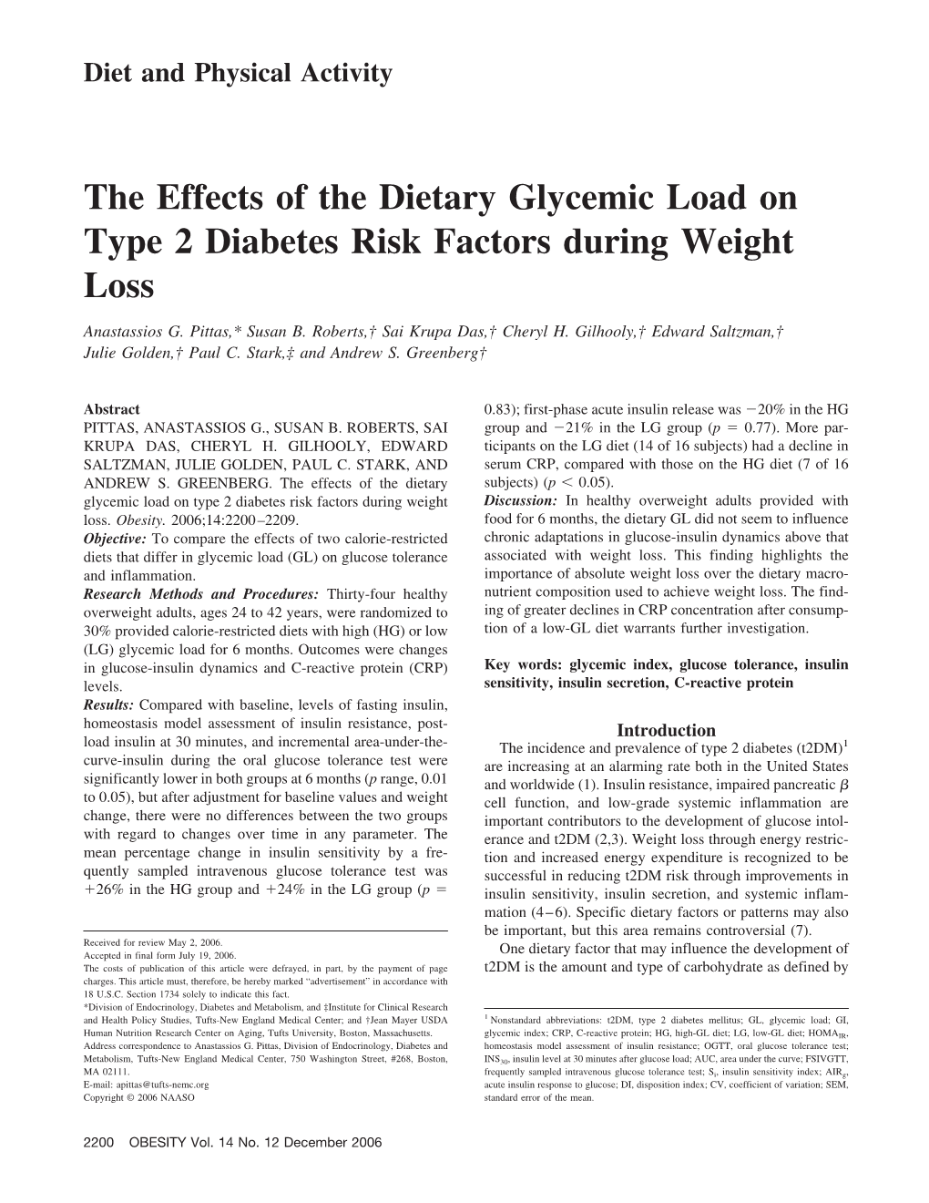 The Effects of the Dietary Glycemic Load on Type 2 Diabetes Risk Factors During Weight Loss