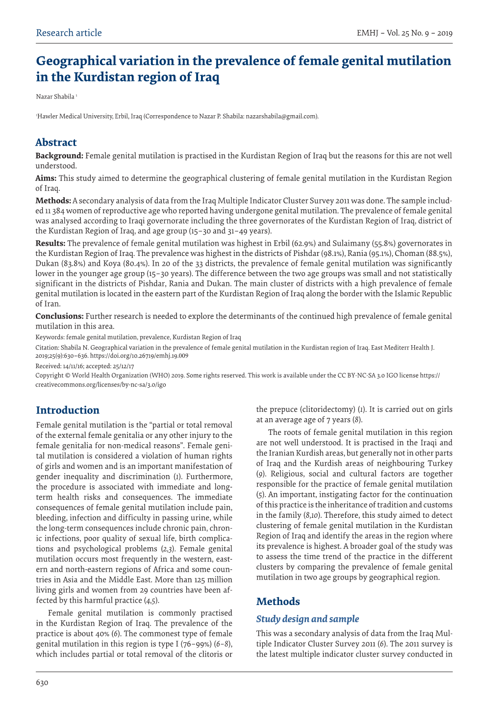 Geographical Variation in the Prevalence of Female Genital Mutilation in the Kurdistan Region of Iraq