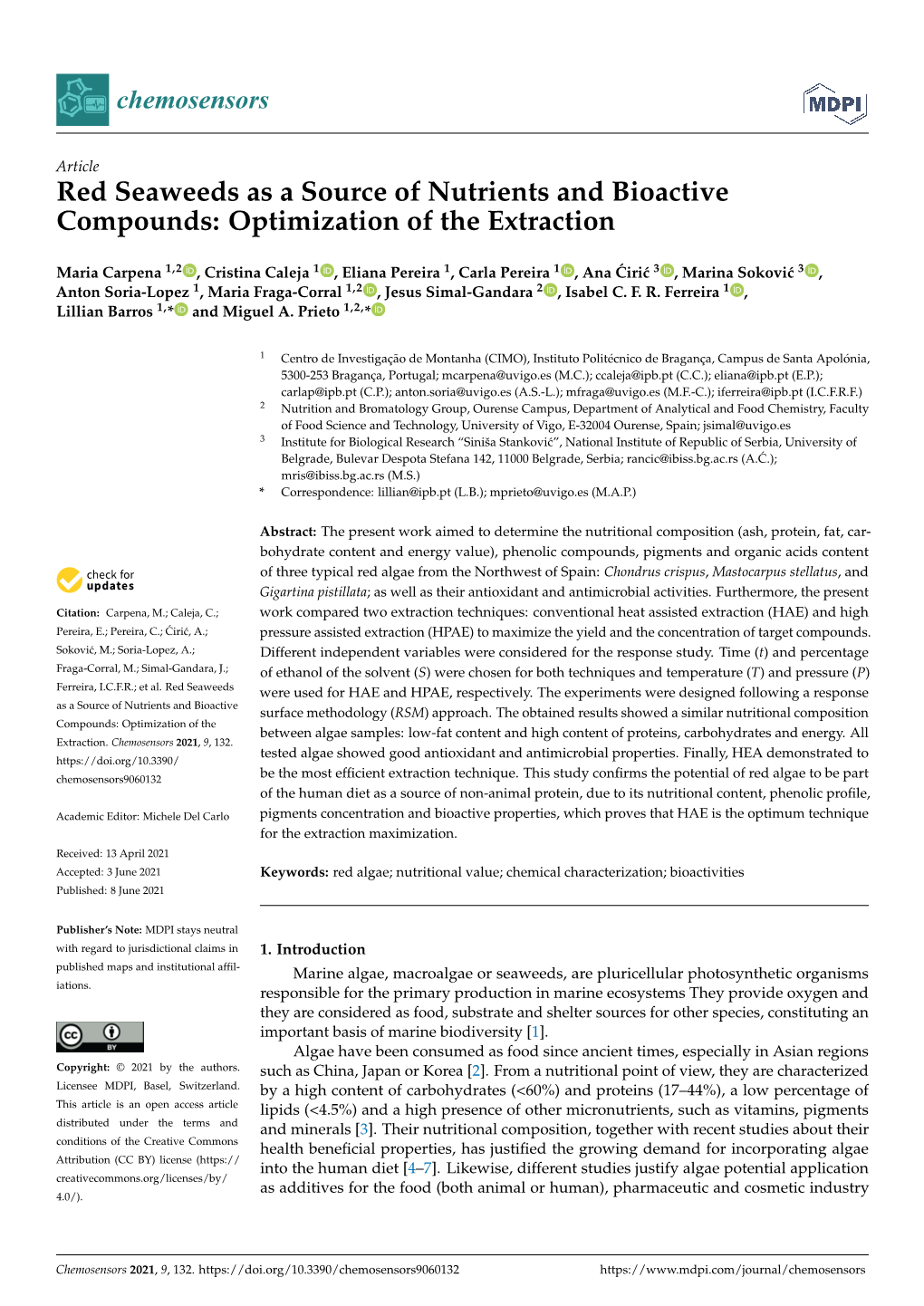 Red Seaweeds As a Source of Nutrients and Bioactive Compounds: Optimization of the Extraction