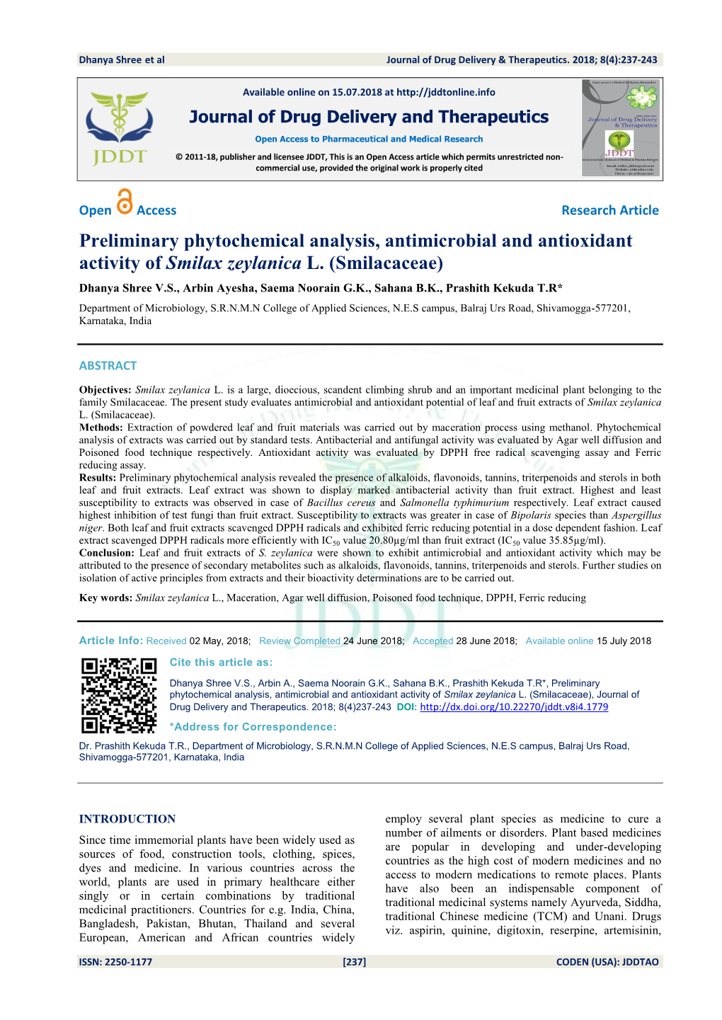 Preliminary Phytochemical Analysis, Antimicrobial and Antioxidant Activity of Smilax Zeylanica L