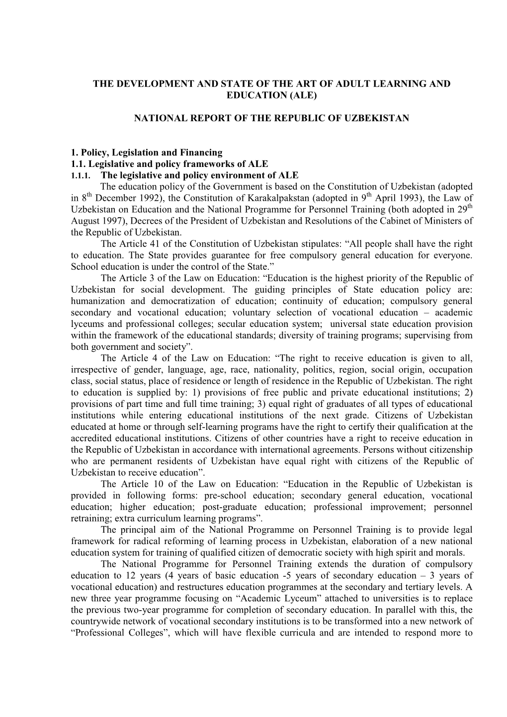 (ALE) NATIONAL REPORT of the REPUBLIC of UZBEKISTAN 1. Poli