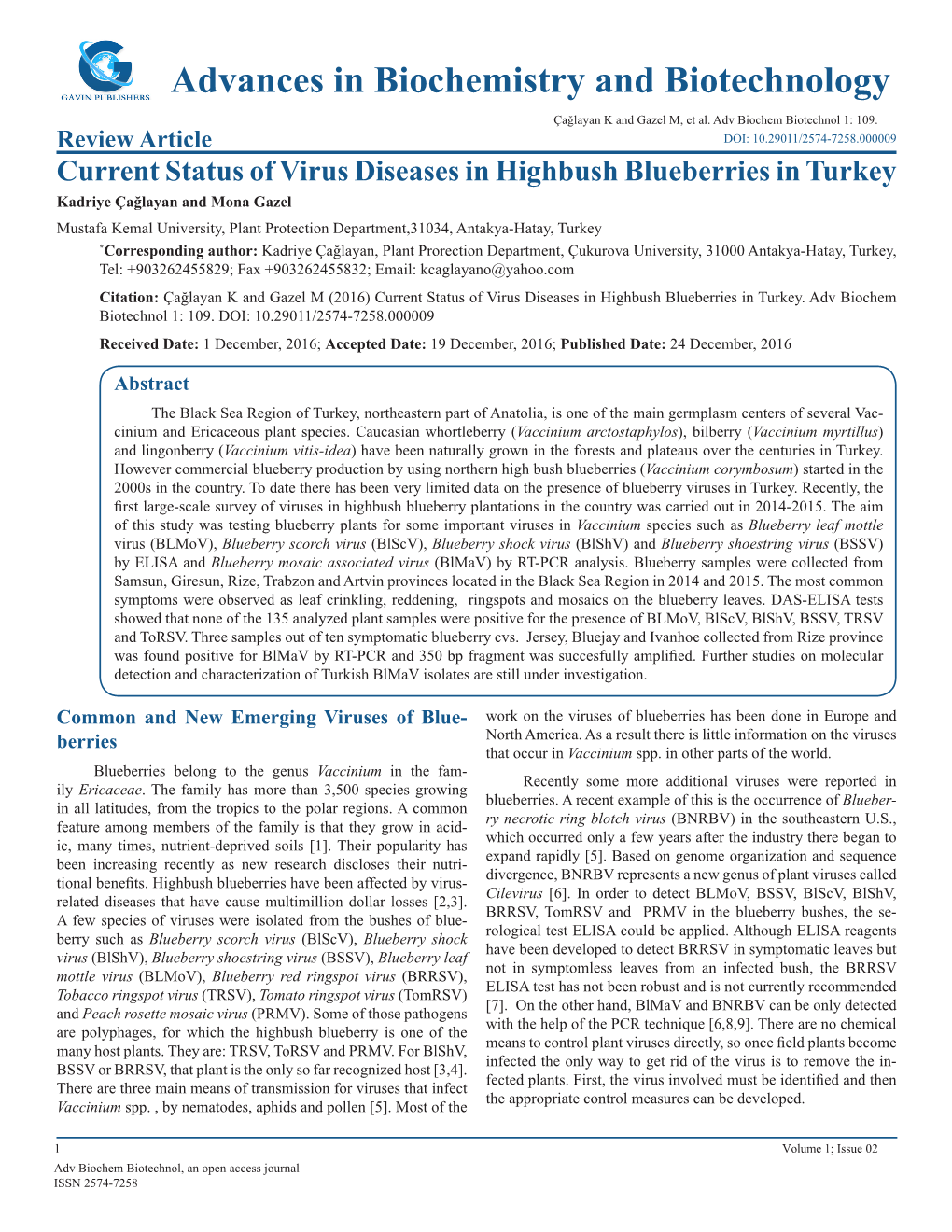 Advances in Biochemistry and Biotechnology Çağlayan K and Gazel M, Et Al