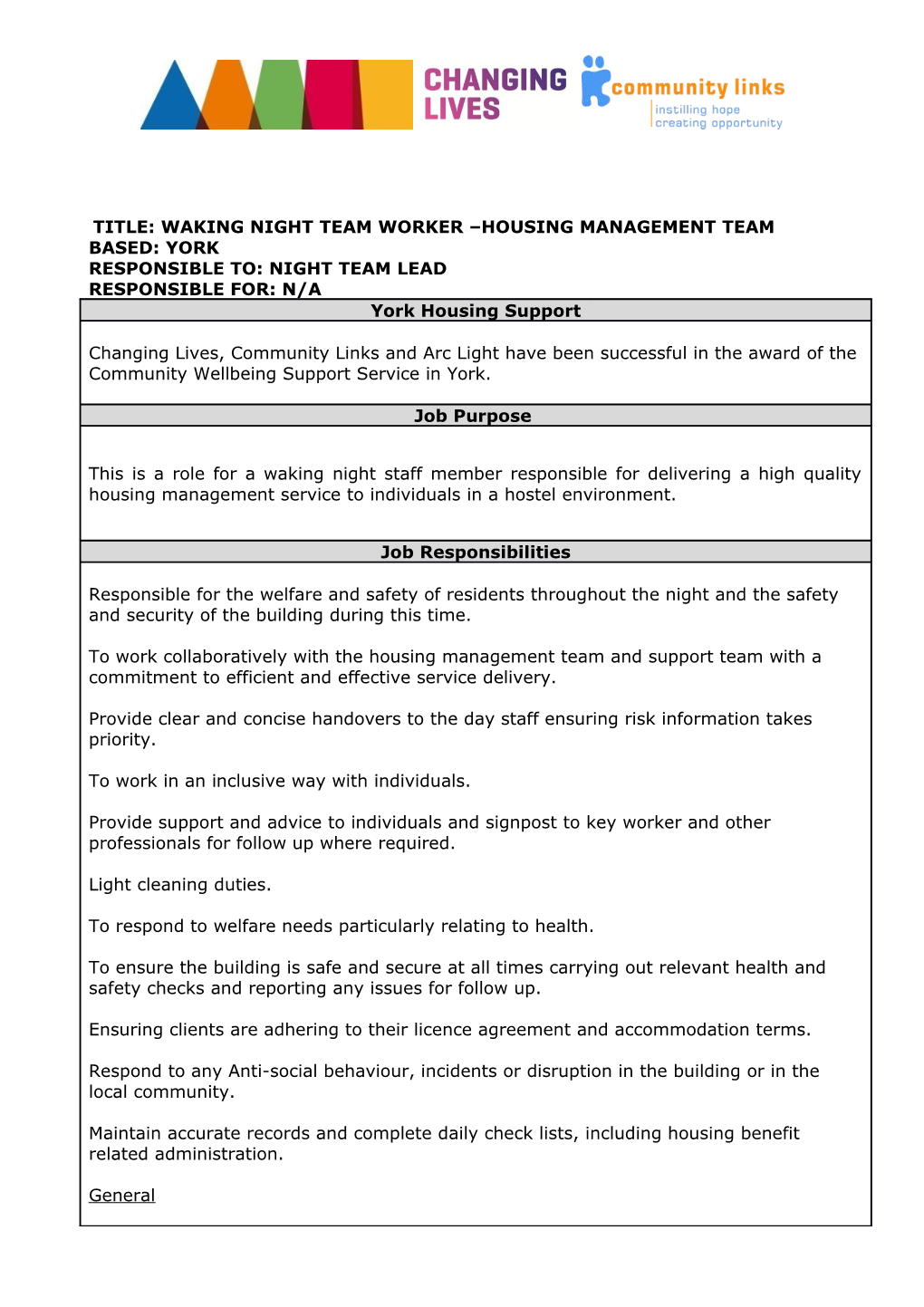 Title: Waking Night Team Worker Housing Management Team