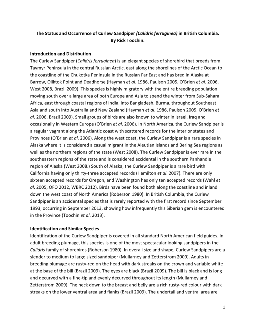 The Status and Occurrence of Curlew Sandpiper (Calidris Ferruginea) in British Columbia