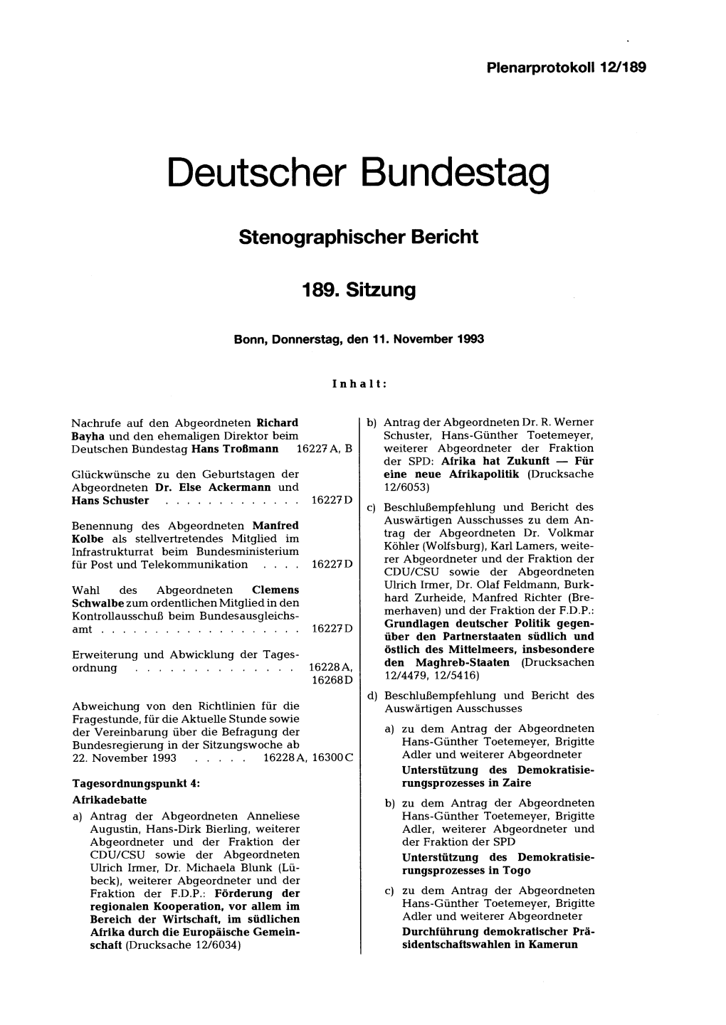 Stenographischer Bericht 189. Sitzung