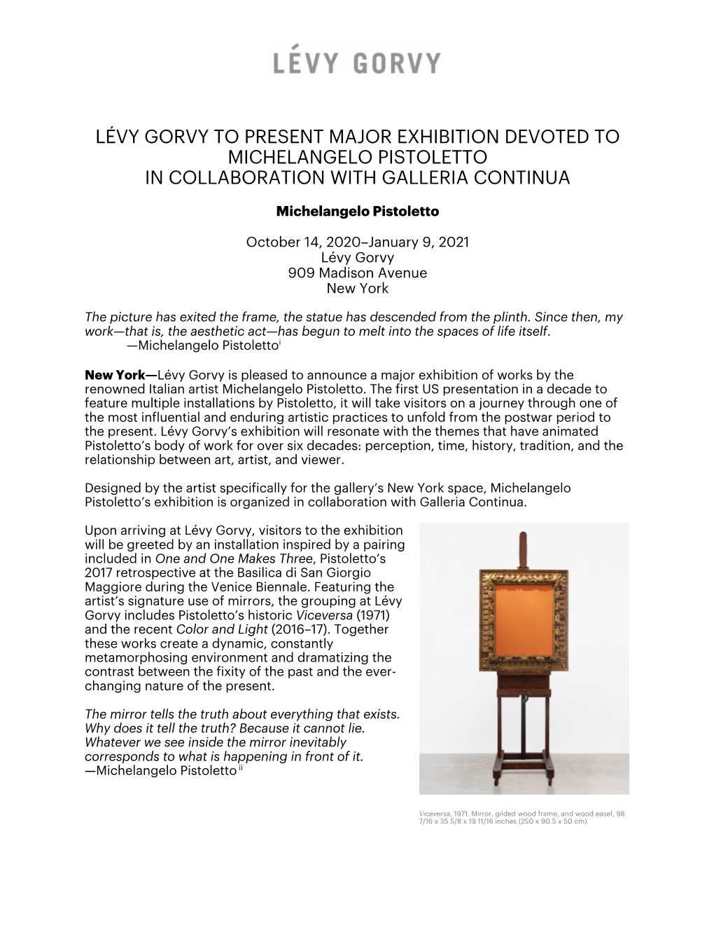 Lévy Gorvy to Present Major Exhibition Devoted to Michelangelo Pistoletto in Collaboration with Galleria Continua