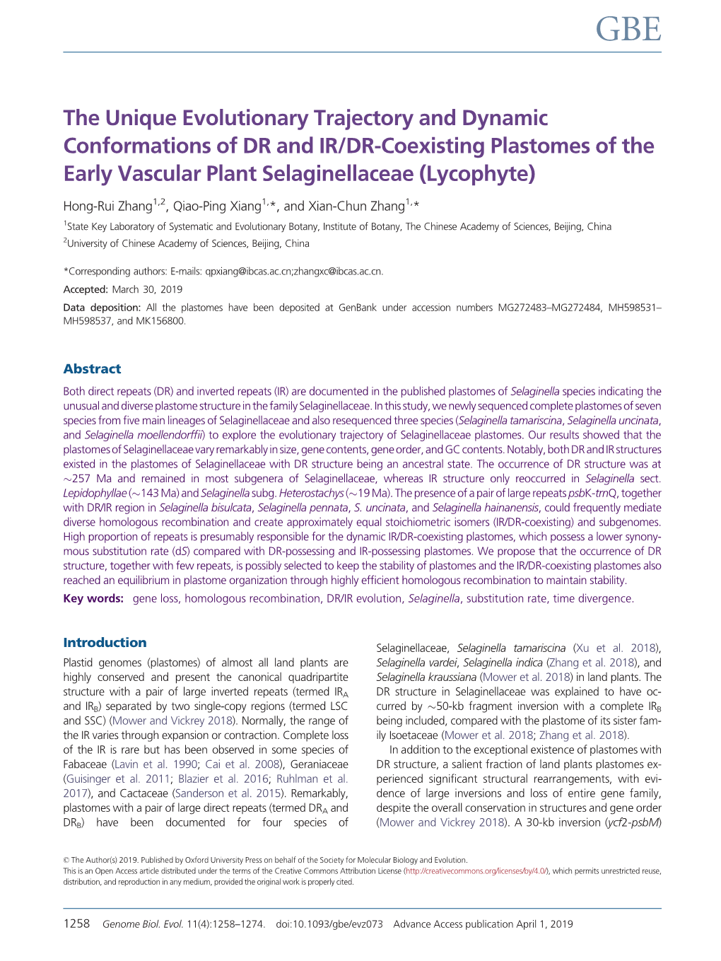 The Unique Evolutionary Trajectory and Dynamic Conformations of DR and IR/DR-Coexisting Plastomes of the Early Vascular Plant Selaginellaceae (Lycophyte)