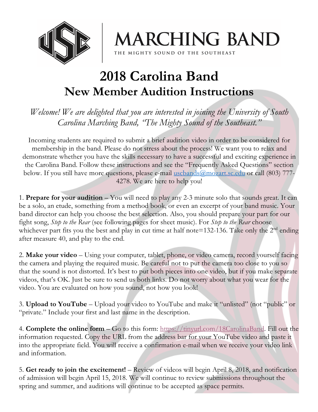2018 Carolina Band New Member Audition Instructions