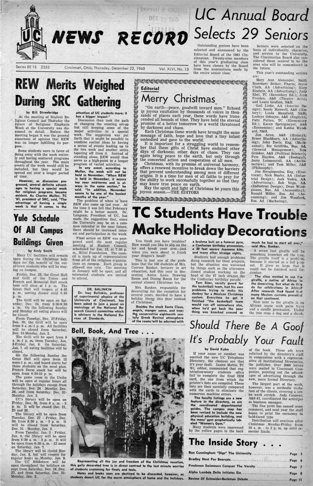 University of Cincinnati News Record. Thursday, December 22, 1960. Vol