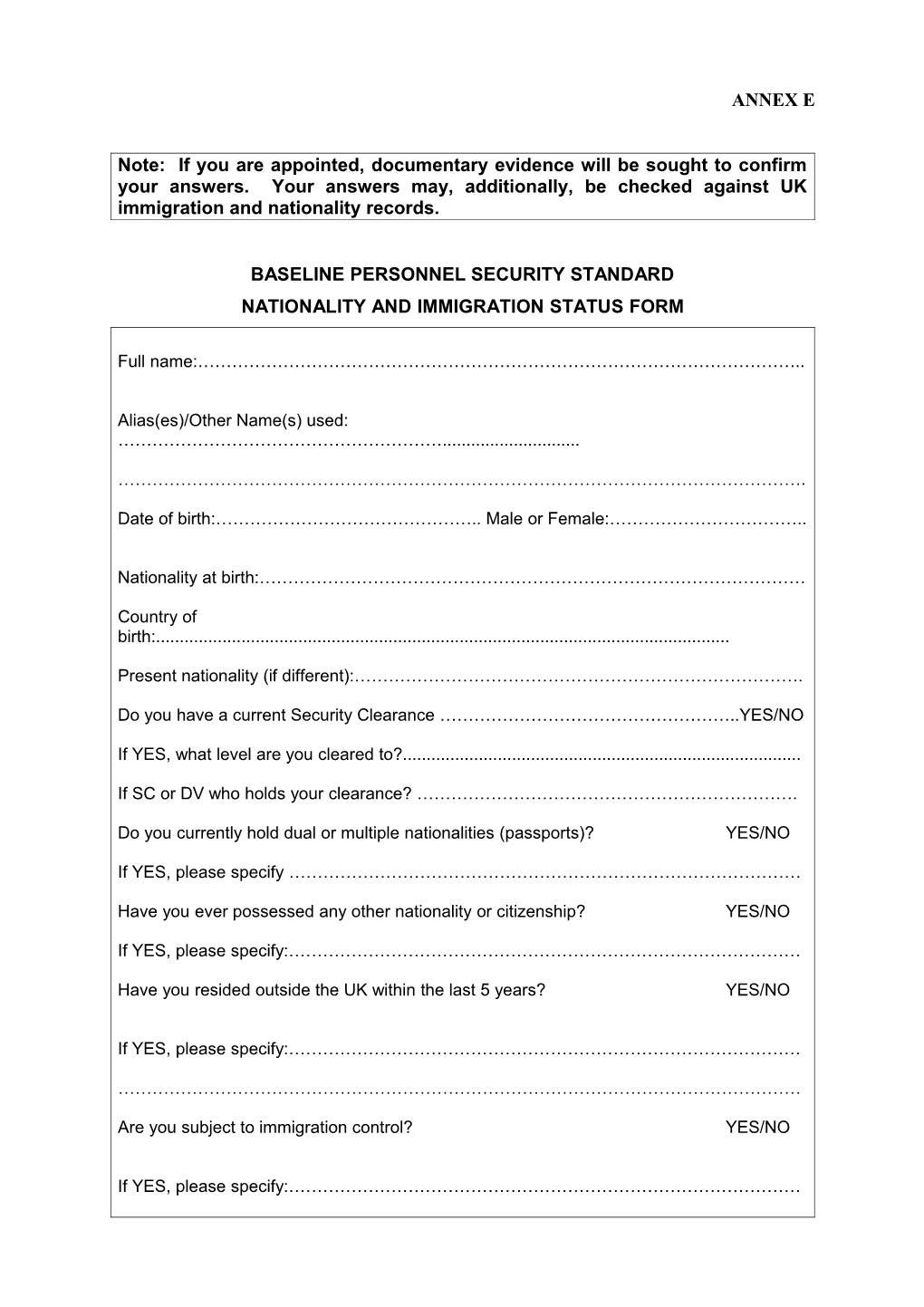 Baseline Personnel Security Standard