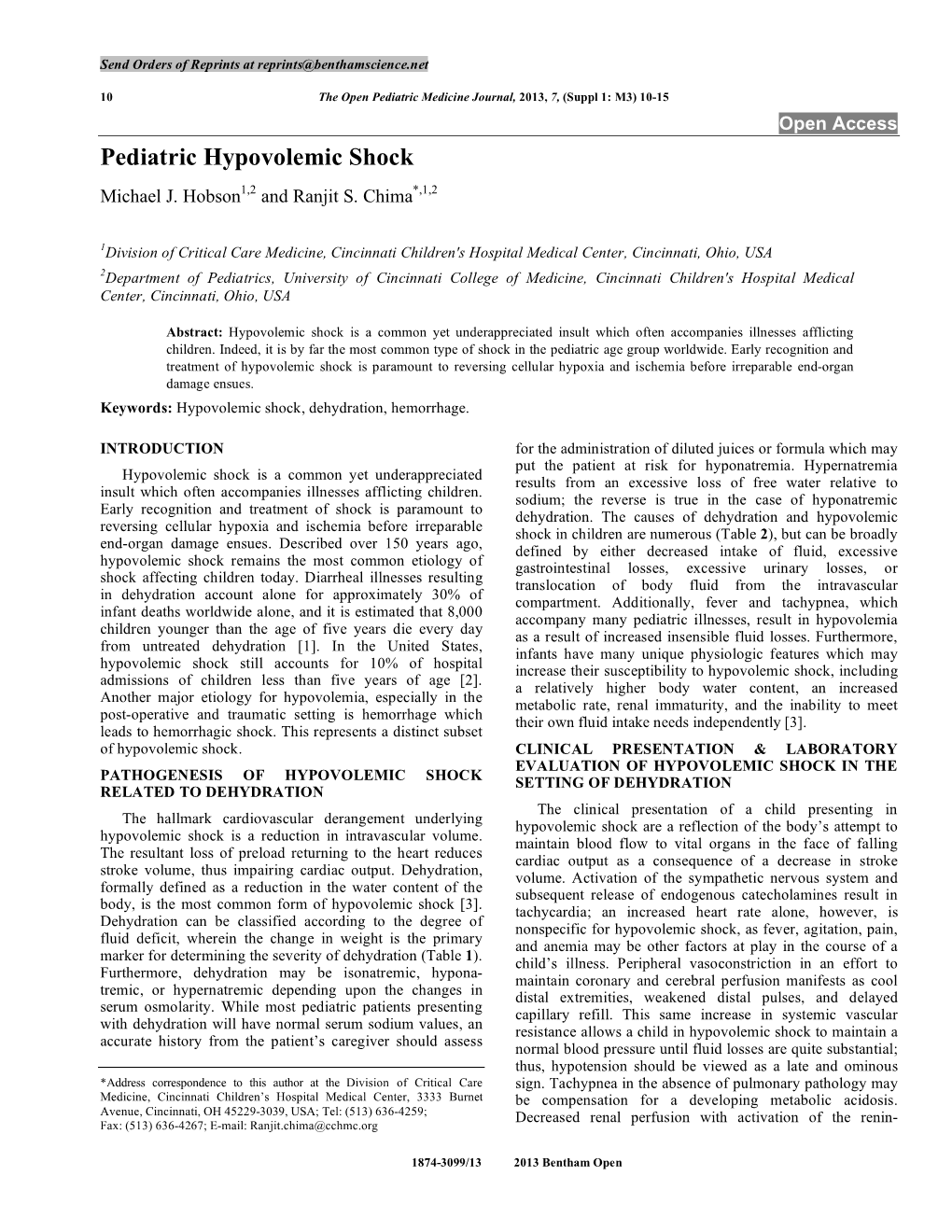 Pediatric Hypovolemic Shock Michael J