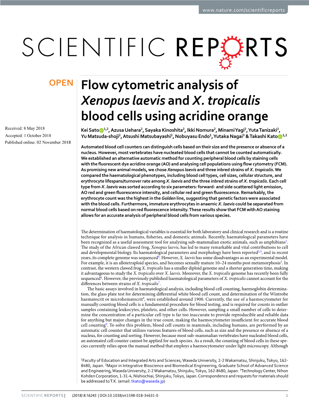 Flow Cytometric Analysis of Xenopus Laevis and X. Tropicalis Blood Cells Using Acridine Orange