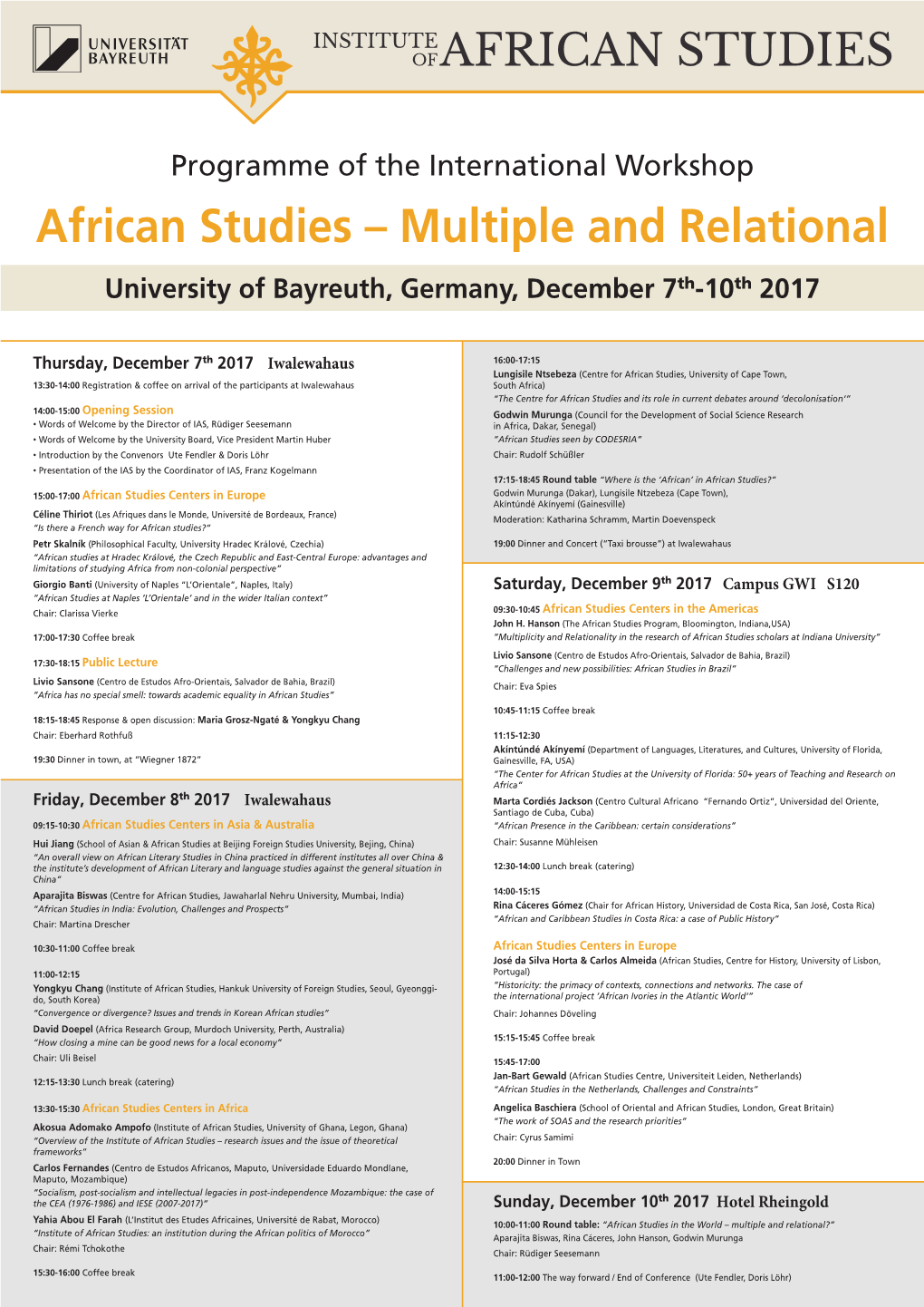 African Studies – Multiple and Relational University of Bayreuth, Germany, December 7Th-10Th 2017