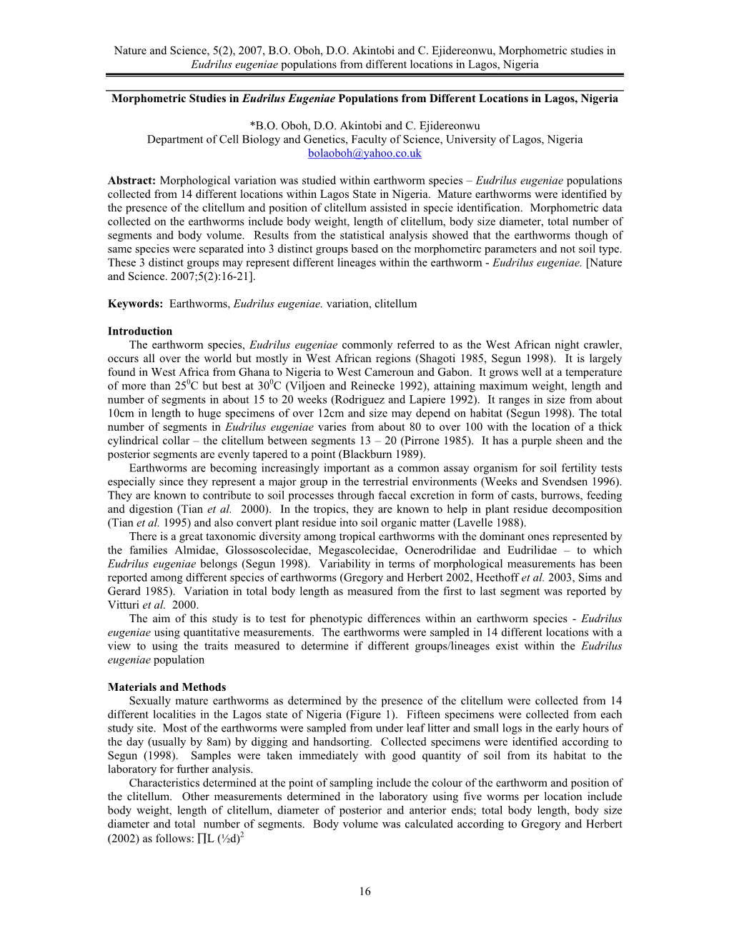 Morphometric Studies in Eudrilus Eugeniae Populations from Different Locations in Lagos, Nigeria