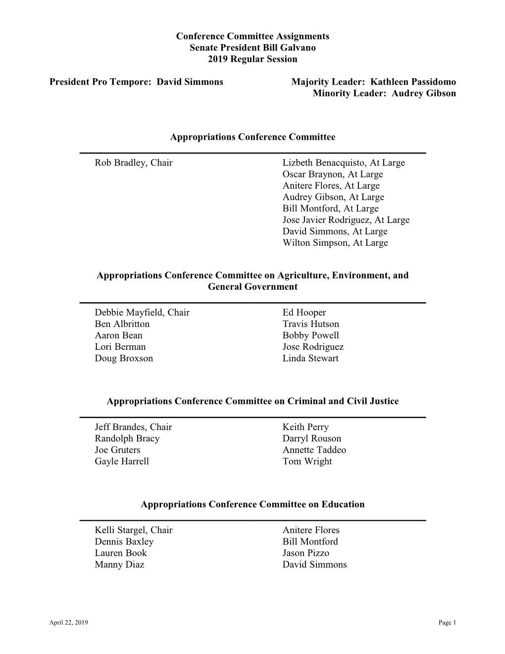 Conference Committee Assignments Senate President Bill Galvano 2019 Regular Session