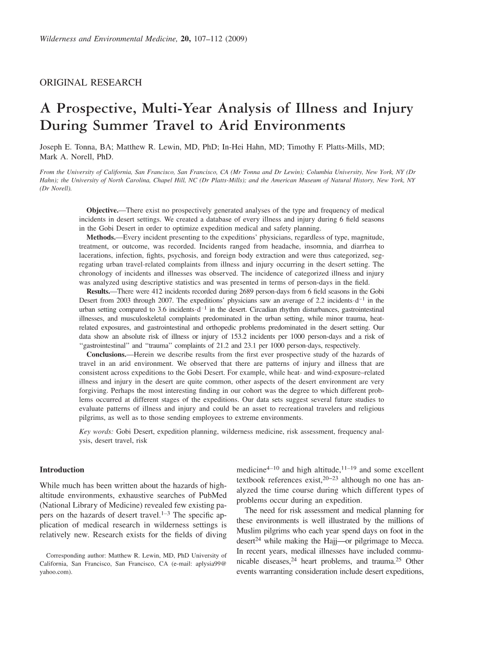 Illness and Injury During Travel to Arid Environments