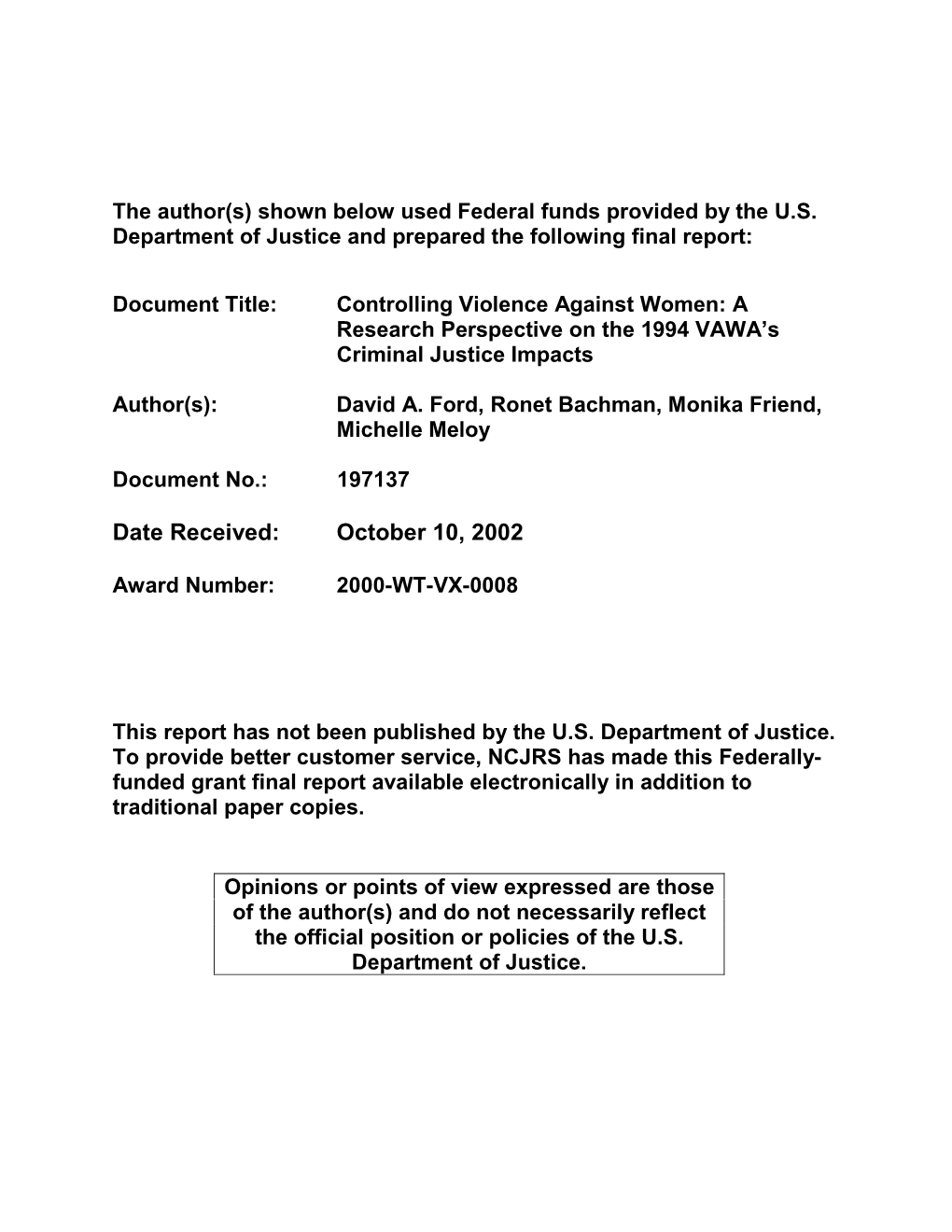 A Research Perspective on the 1994 VAWA's Criminal Justice Impacts