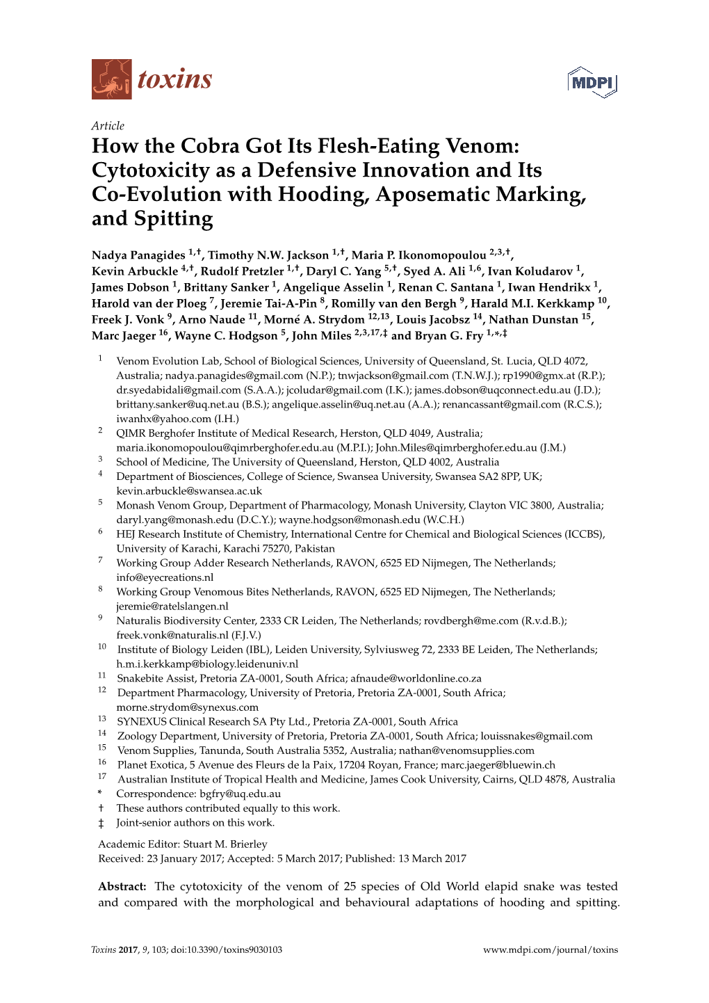 How the Cobra Got Its Flesh-Eating Venom: Cytotoxicity As a Defensive Innovation and Its Co-Evolution with Hooding, Aposematic Marking, and Spitting