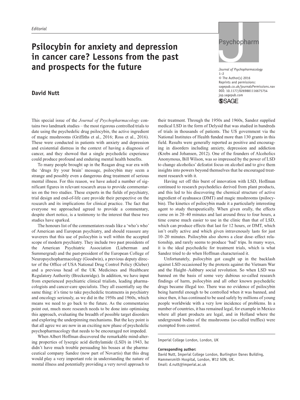 Psilocybin for Anxiety and Depression in Cancer Care? Lessons from the Past and Prospects for the Future