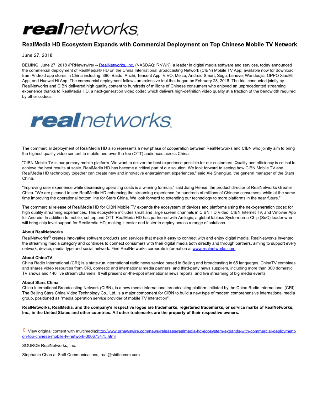 Realmedia HD Ecosystem Expands with Commercial Deployment on Top Chinese Mobile TV Network