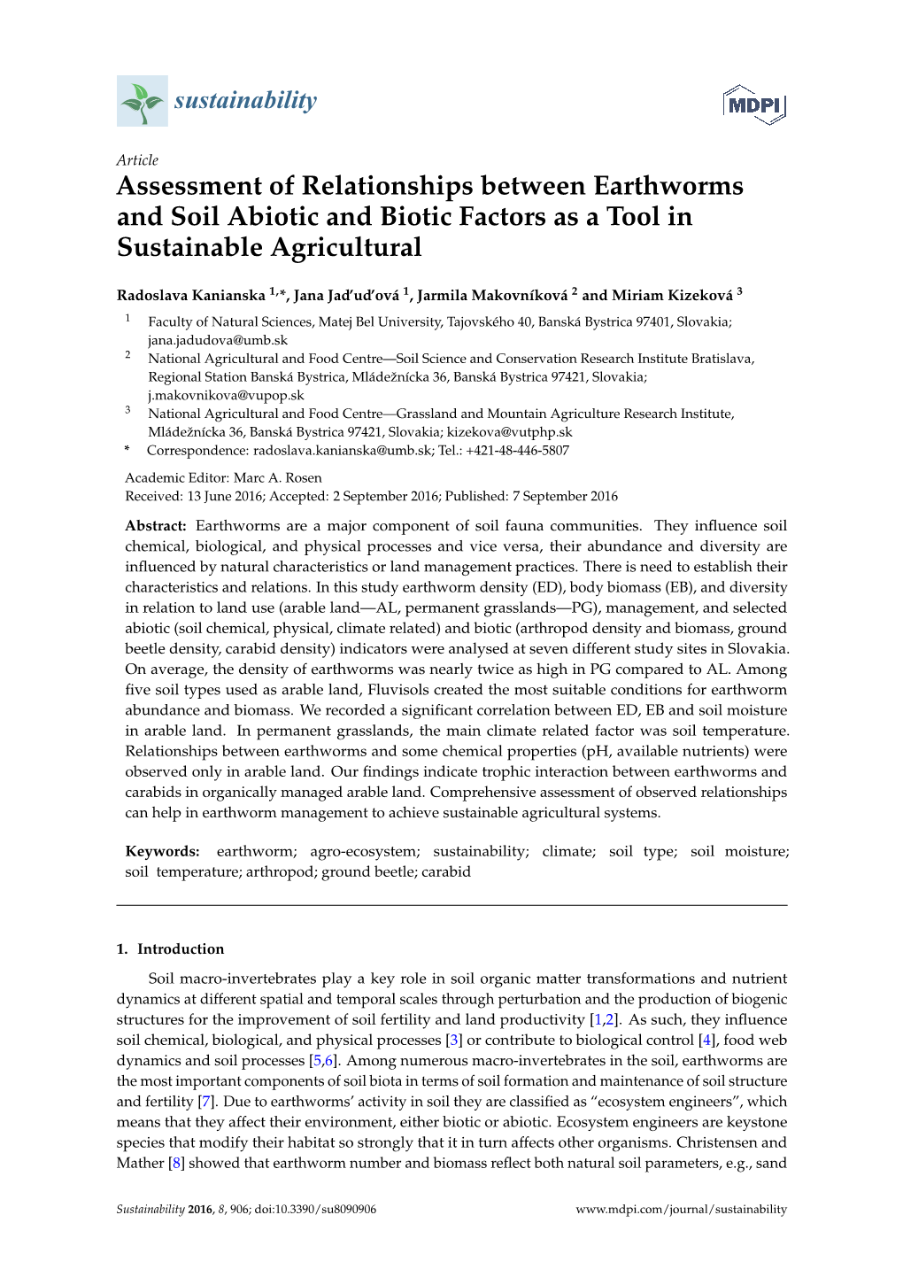 Assessment of Relationships Between Earthworms and Soil Abiotic and Biotic Factors As a Tool in Sustainable Agricultural