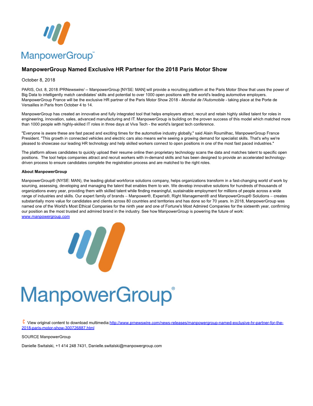 Manpowergroup Named Exclusive HR Partner for the 2018 Paris Motor Show