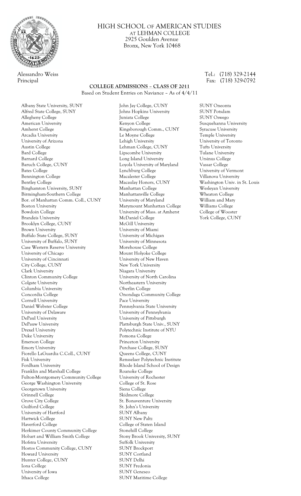 Class of 2011 College Acceptances (Pdf)