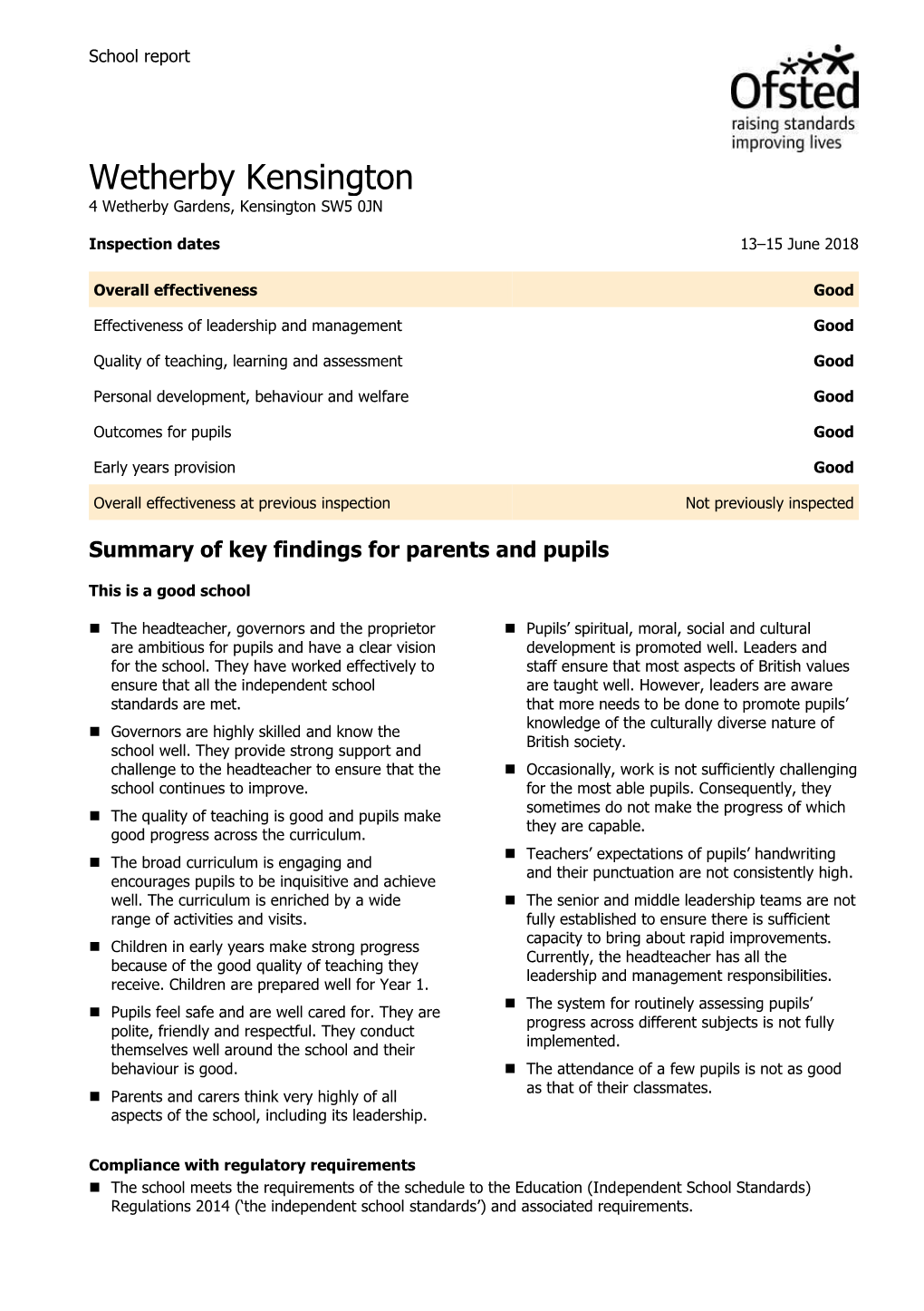 Wetherby Kensington Ofsted Report June 2018