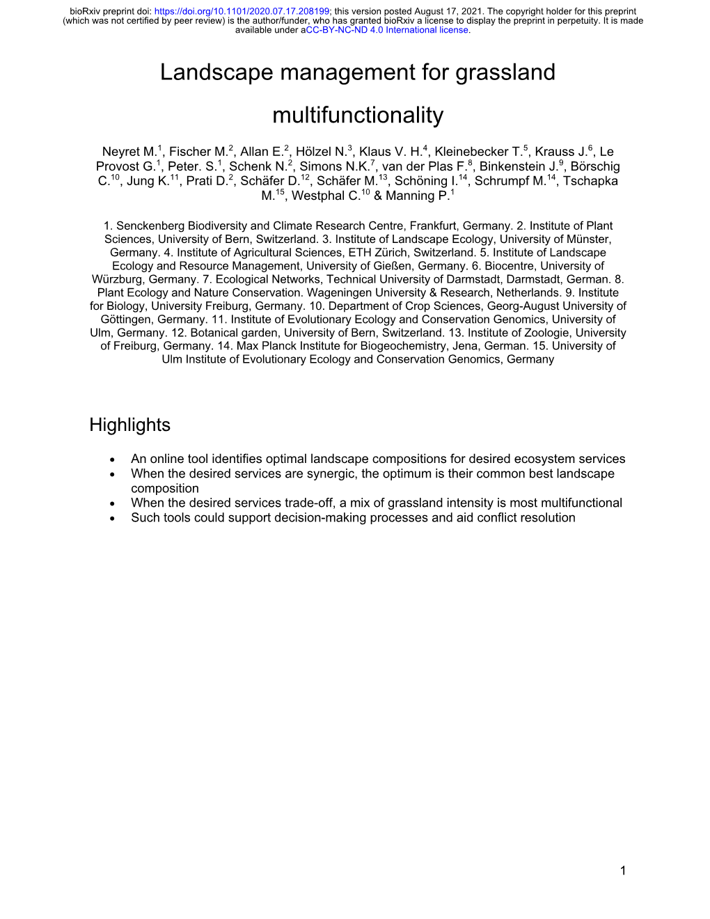 Landscape Management for Grassland Multifunctionality