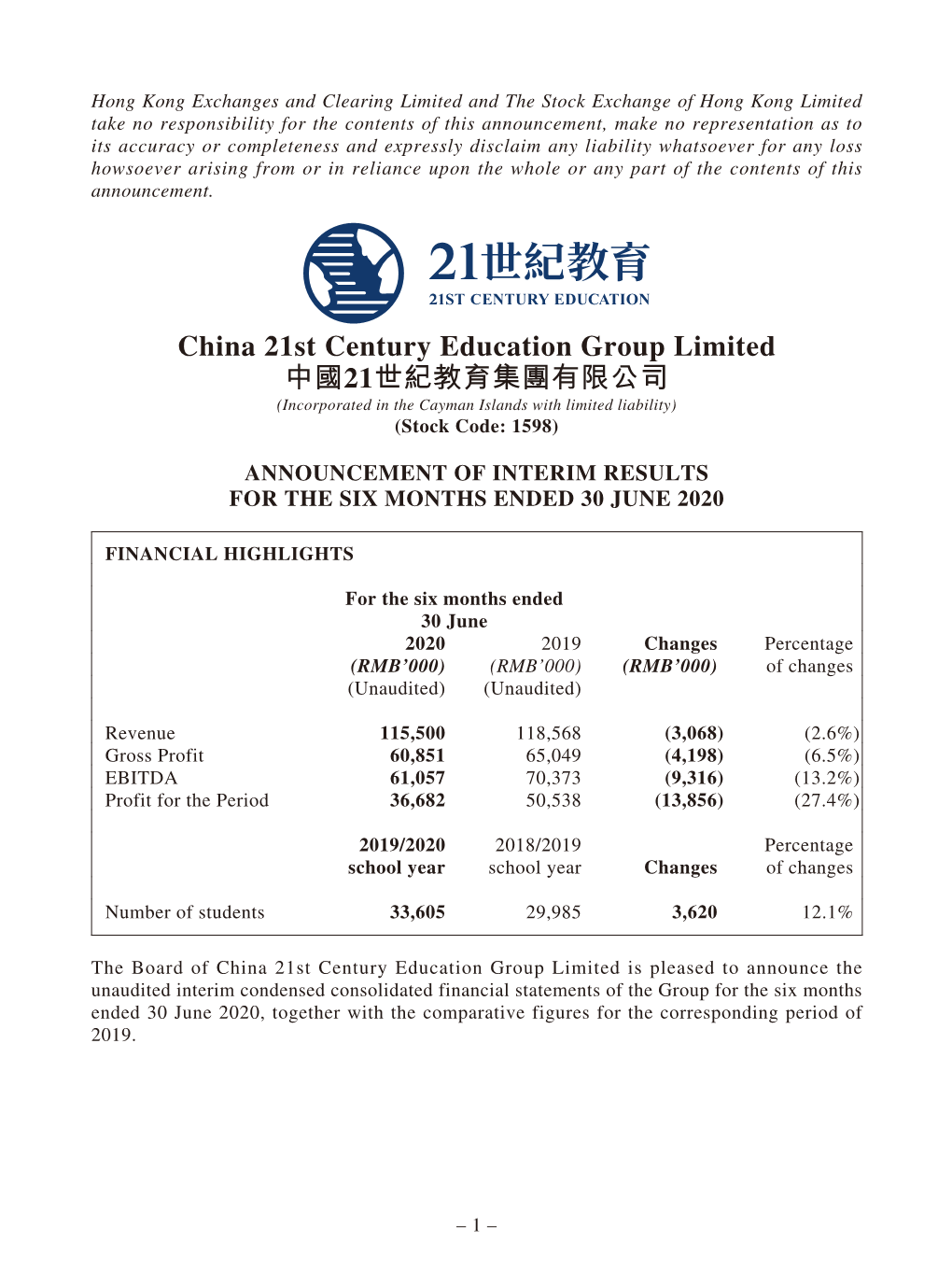 China 21St Century Education Group Limited 中國21世紀教育集團有限公司 (Incorporated in the Cayman Islands with Limited Liability) (Stock Code: 1598)