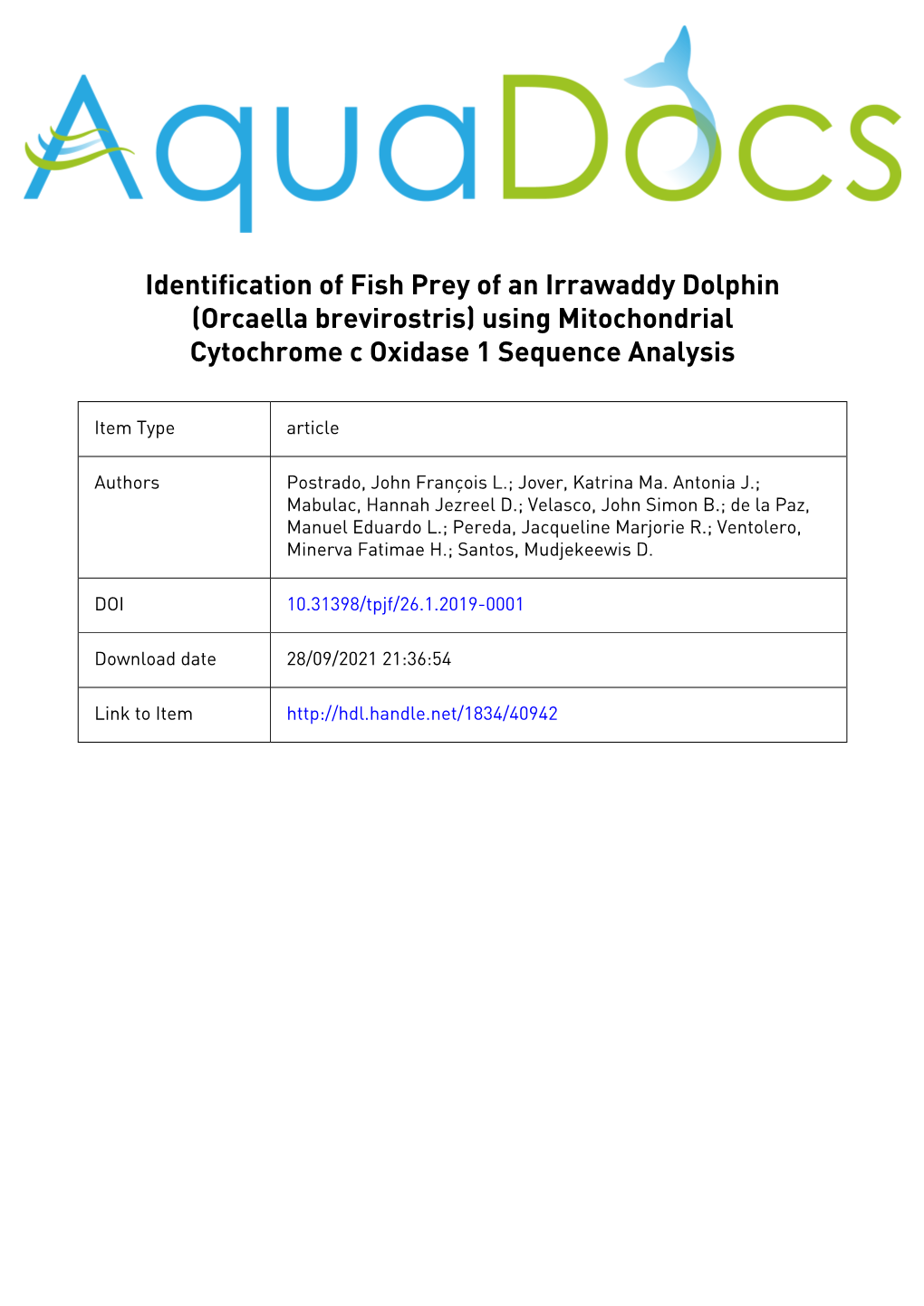 Identification of Fish Prey of an Irrawaddy Dolphin (Orcaella Brevirostris) Using Mitochondrial Cytochrome C Oxidase 1 Sequence Analysis