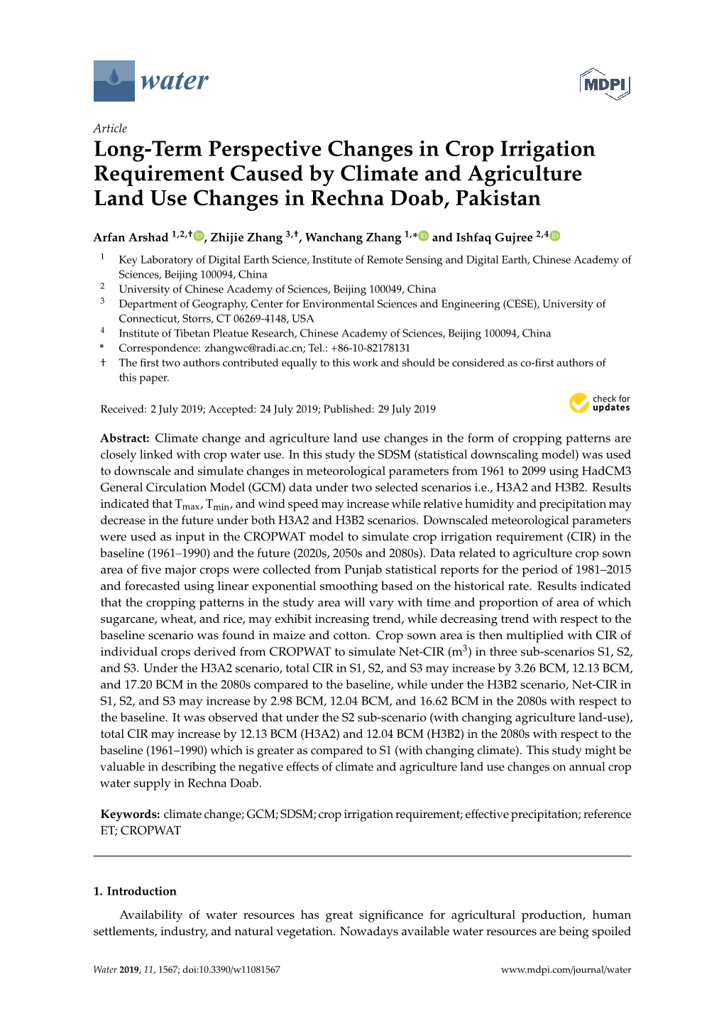 Long-Term Perspective Changes in Crop Irrigation Requirement Caused by Climate and Agriculture Land Use Changes in Rechna Doab, Pakistan