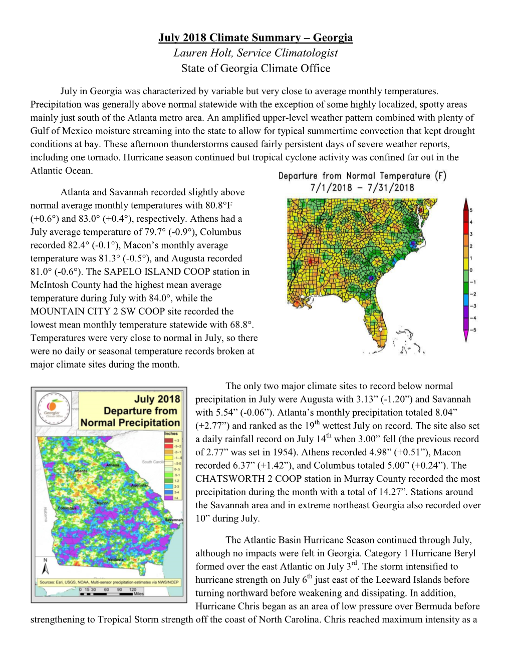 July 2018 Climate Summary – Georgia Lauren Holt, Service Climatologist State of Georgia Climate Office