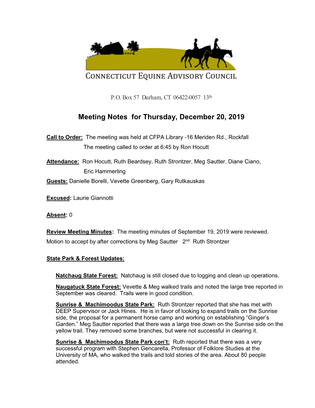 Meeting Notes for Thursday, December 20, 2019