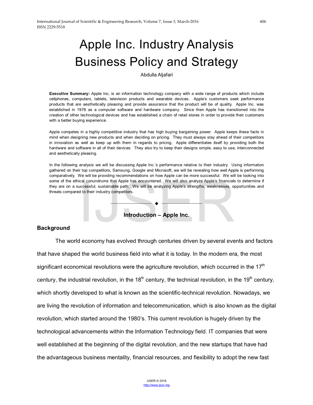 Apple Inc. Industry Analysis Business Policy and Strategy Abdulla Aljafari