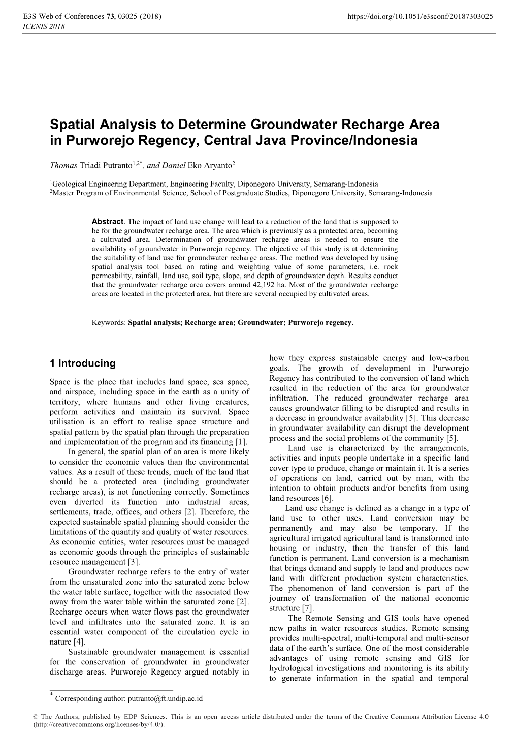 Spatial Analysis to Determine Groundwater Recharge Area in Purworejo Regency, Central Java Province/Indonesia