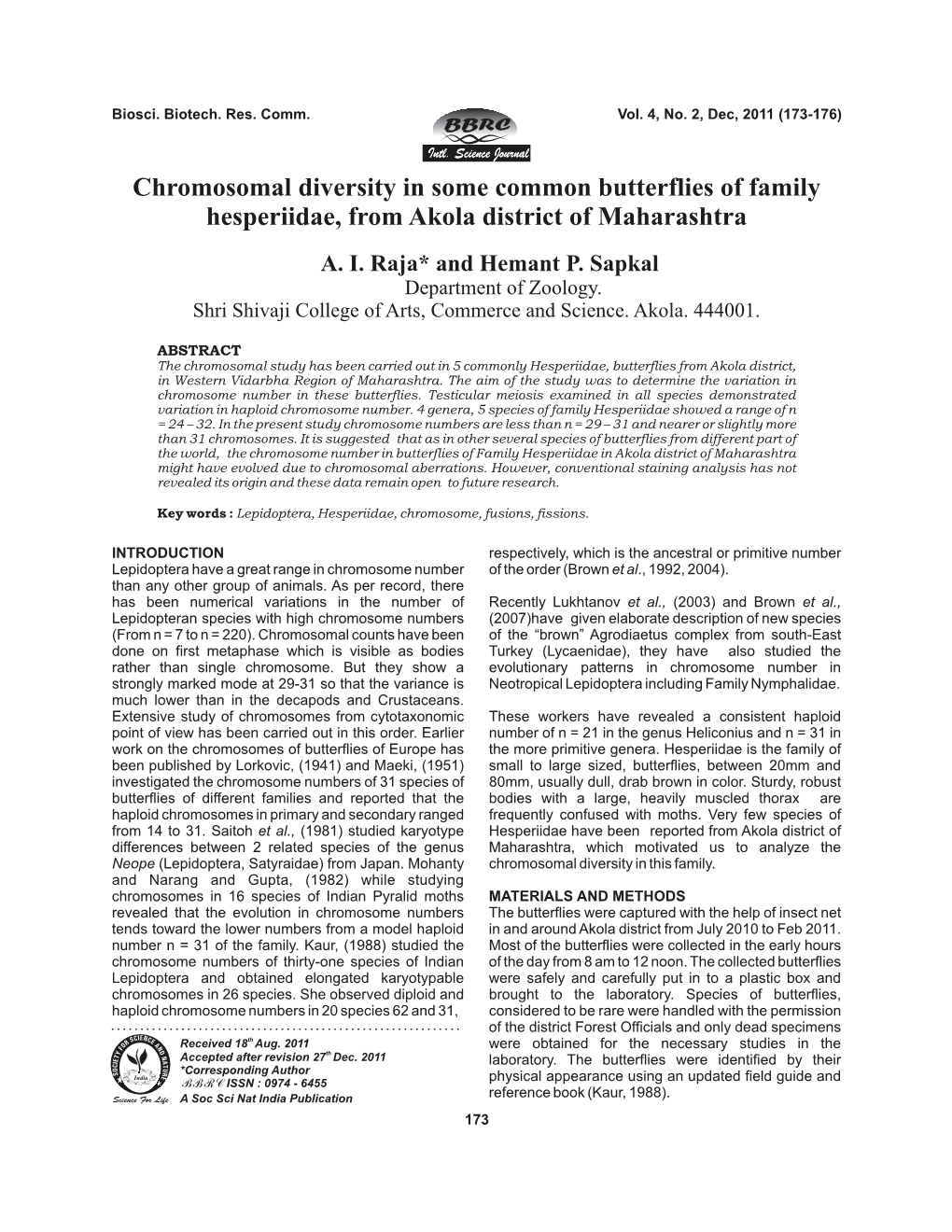 Chromosomal Diversity in Some Common Butterflies of Family Hesperiidae, from Akola District of Maharashtra A