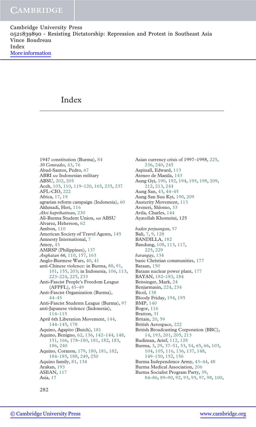 Resisting Dictatorship: Repression and Protest in Southeast Asia Vince Boudreau Index More Information