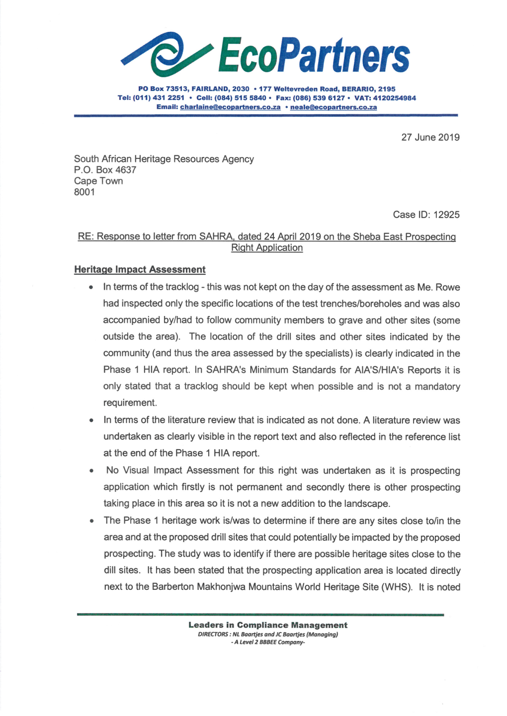 Response to Letter of 24 April 2019