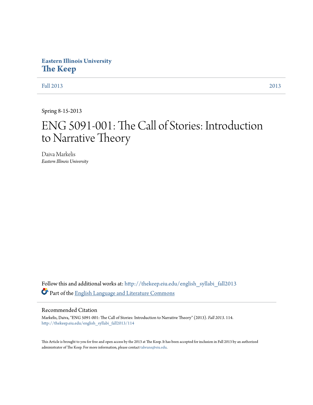 Introduction to Narrative Theory Daiva Markelis Eastern Illinois University