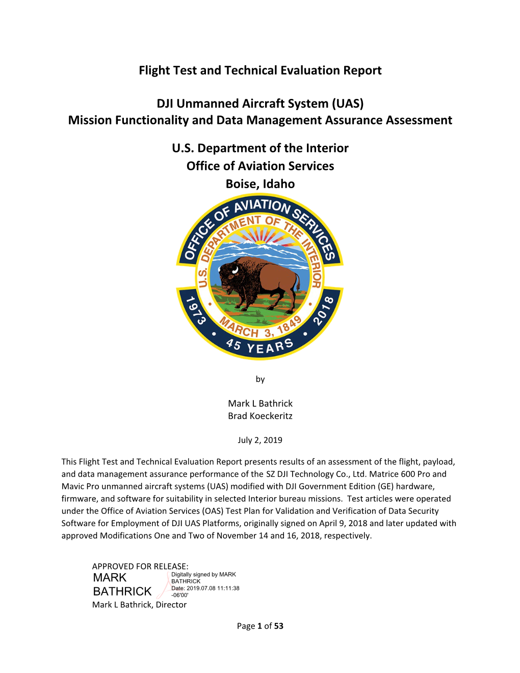DJI Government Edition UAS Data Management Assurance Flight Test and Evaluation Report