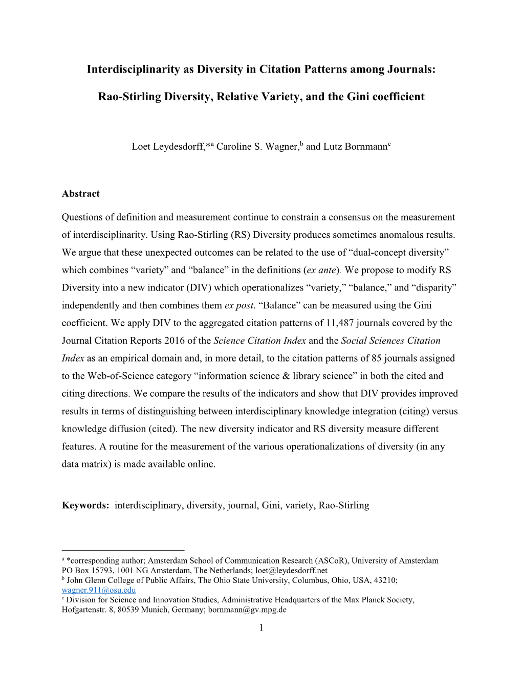 Rao-Stirling Diversity, Relative Variety, and the Gini Coefficient