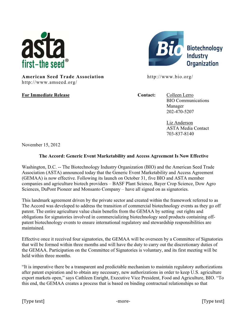 BIO and ASTA Press Release on GEMAA Implementation