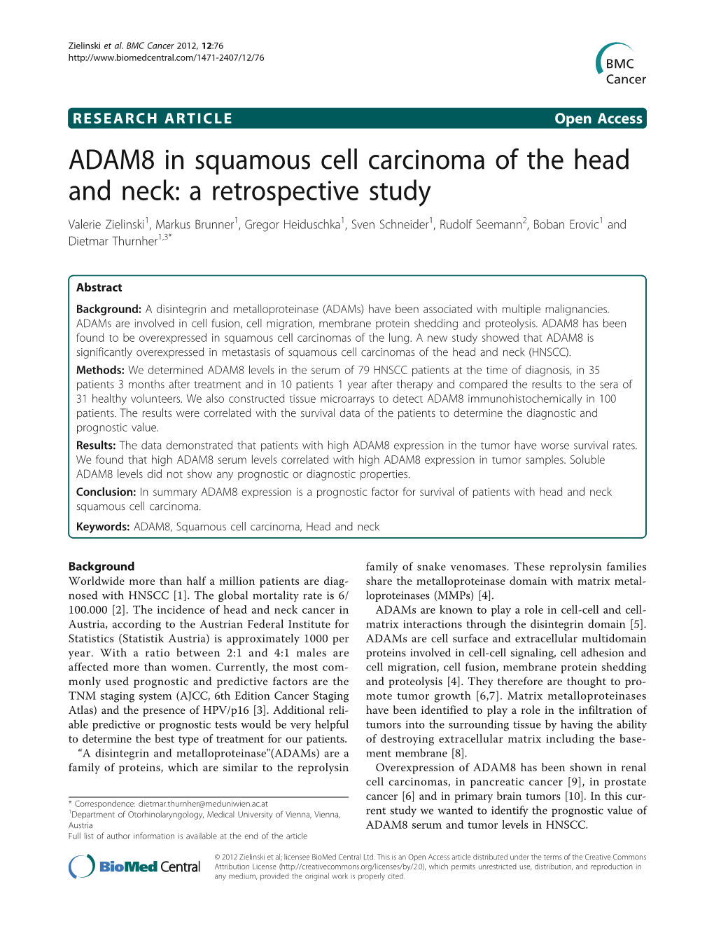 ADAM8 in Squamous Cell Carcinoma of the Head and Neck