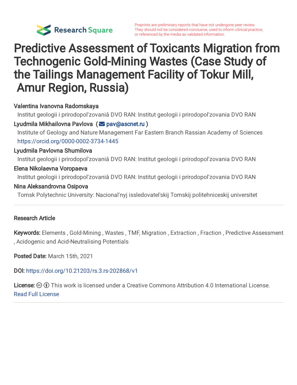 Predictive Assessment of Toxicants Migration from Technogenic Gold-Mining Wastes (Case Study of the Tailings Management Facility of Tokur Mill, Amur Region, Russia)
