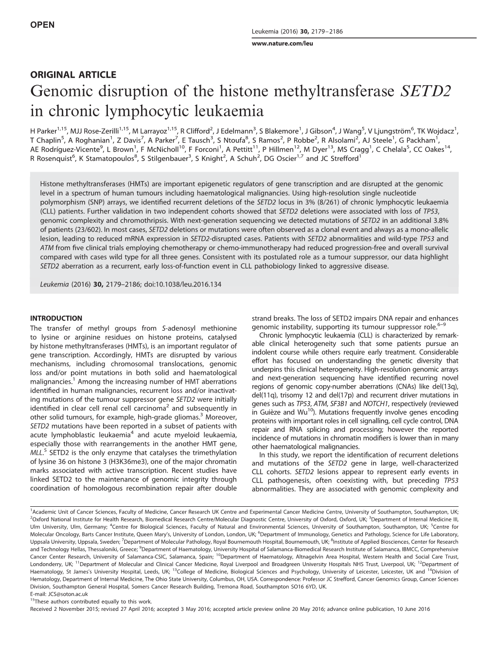 Genomic Disruption of the Histone Methyltransferase SETD2 in Chronic Lymphocytic Leukaemia