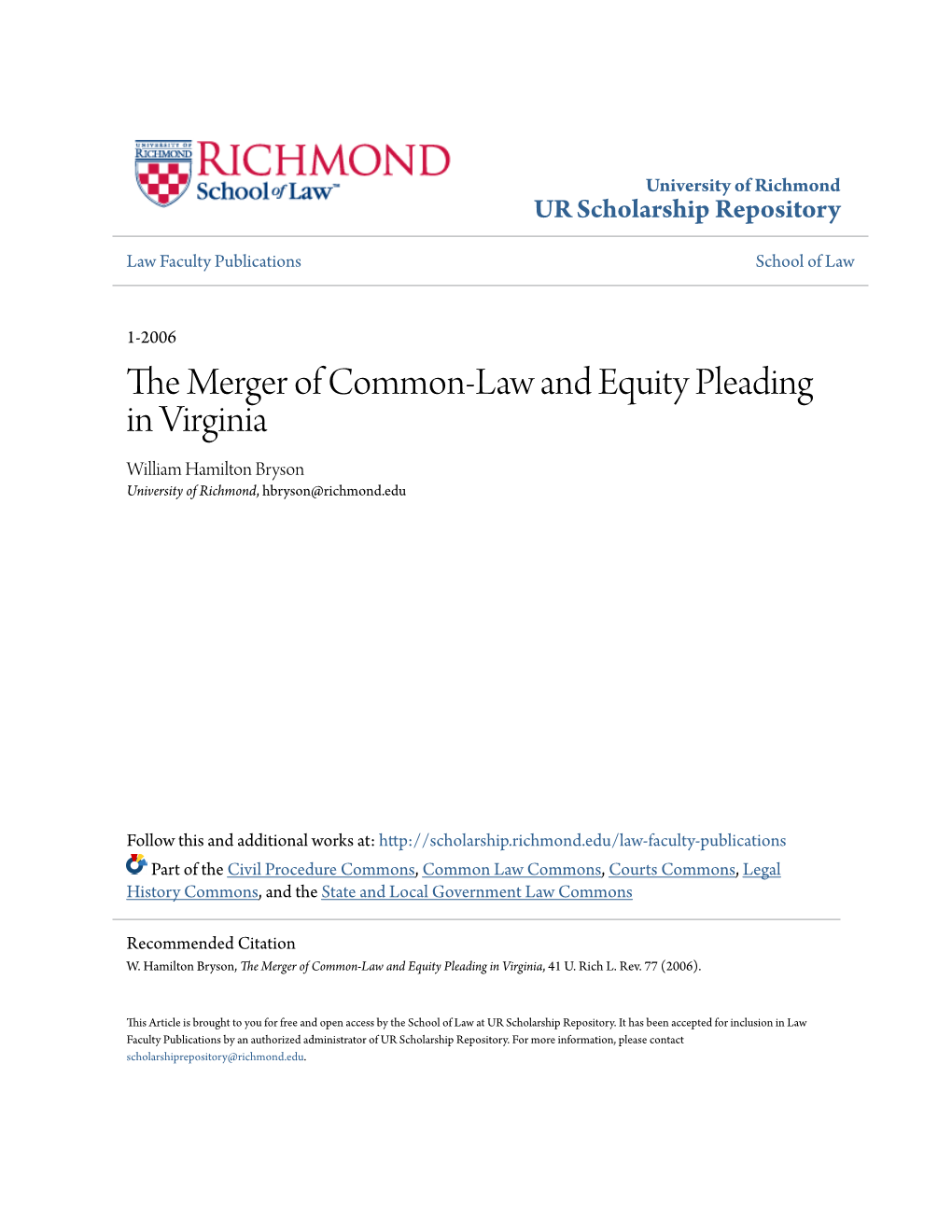 The Merger of Common-Law and Equity Pleading in Virginia, 41 U