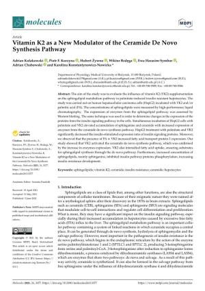 Vitamin K2 As a New Modulator of the Ceramide De Novo Synthesis Pathway